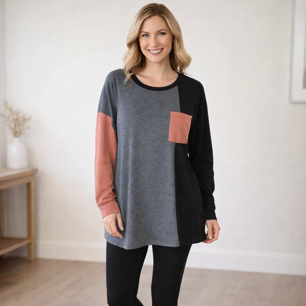 Colorblock Tunic Top – Large | Gray Black Coral | Long Sleeve High-Low Tee NWOT